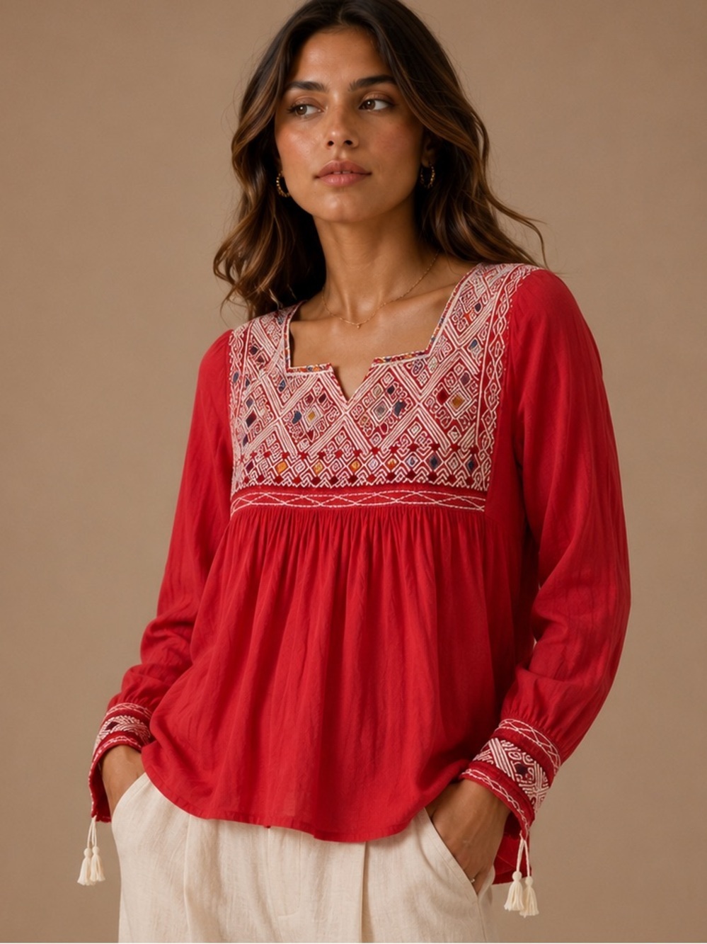 Umgee Red Embroidered Boho Babydoll Tunic Dress Long Sleeve Festival Style S